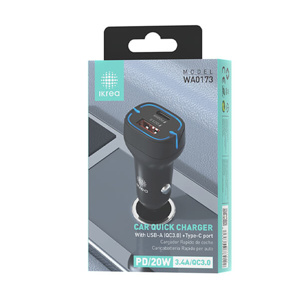 Cargador Rápido 20W Para Coche Usb/Tipo-C 3.4A QC3.0